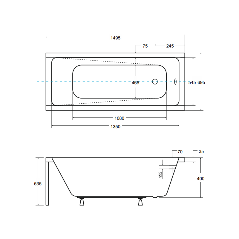 Besco wanna prostokątna Modern 150x70 ze złotym syfonem i nóżkami