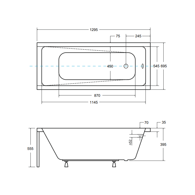 Besco wanna prostokątna Modern 130x70 ze złotym syfonem i nóżkami