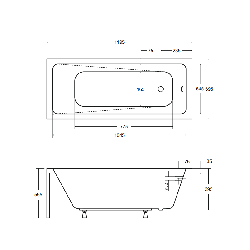 Besco wanna prostokątna Modern 120x70 ze złotym syfonem i nóżkami
