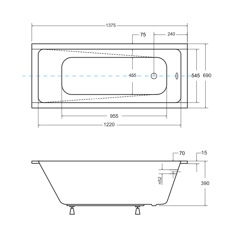 Besco wanna prostokątna Modern Slim 140x70 z syfonem chrom i nóżkami