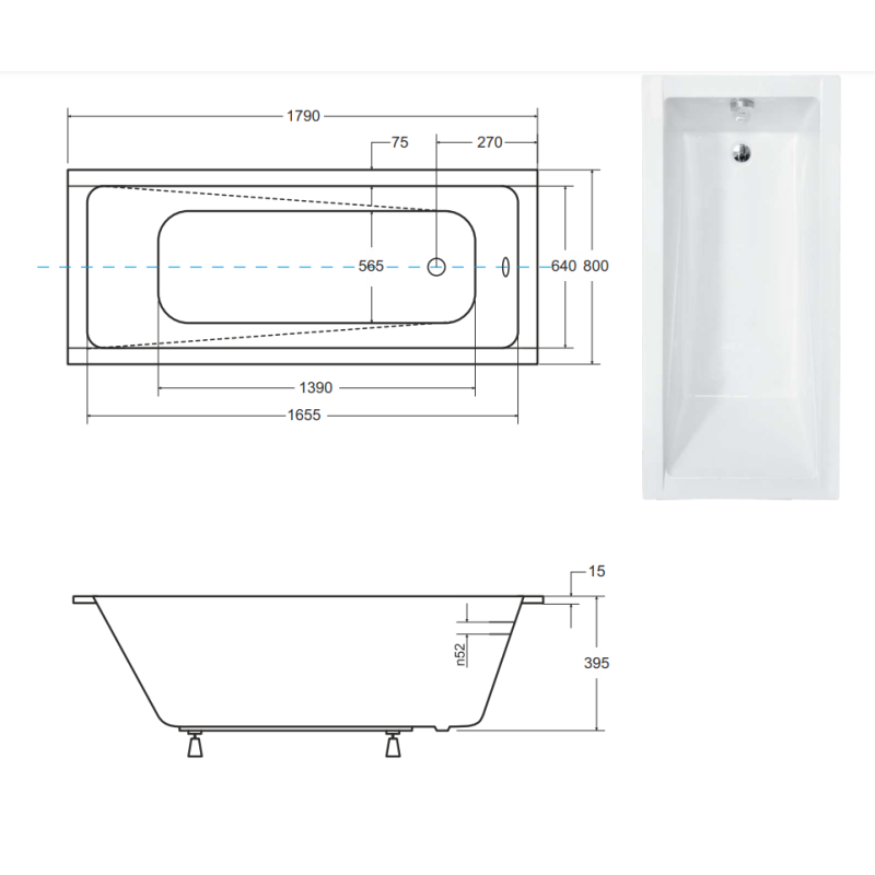 Besco wanna prostokątna Modern Slim 180x80 z syfonem chrom i nóżkami