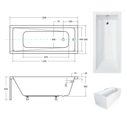 Besco wanna prostokątna Modern 130x70  z białą obudową, syfonem chrom i nóżkami