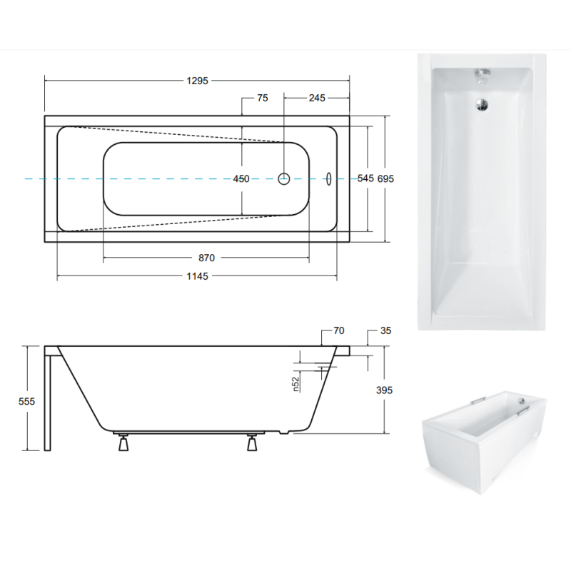 Besco wanna prostokątna Modern 130x70  z białą obudową, syfonem chrom i nóżkami