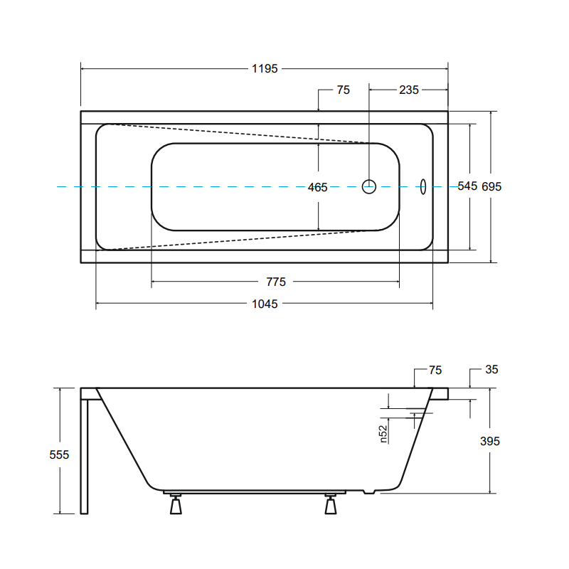 Besco wanna prostokątna Modern 120x70  z czarną obudową, syfonem czarnym i nóżkami