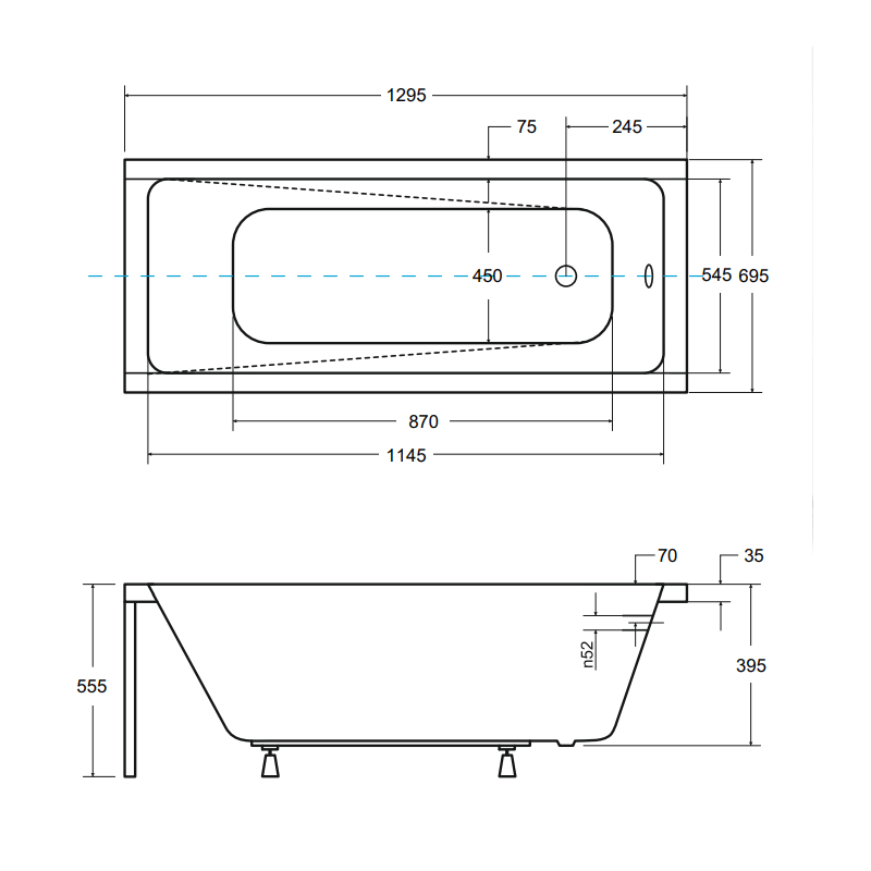 Besco Wanna prostokątna Modern 130x70 z czarną obudową, syfonem chrom i nóżkami