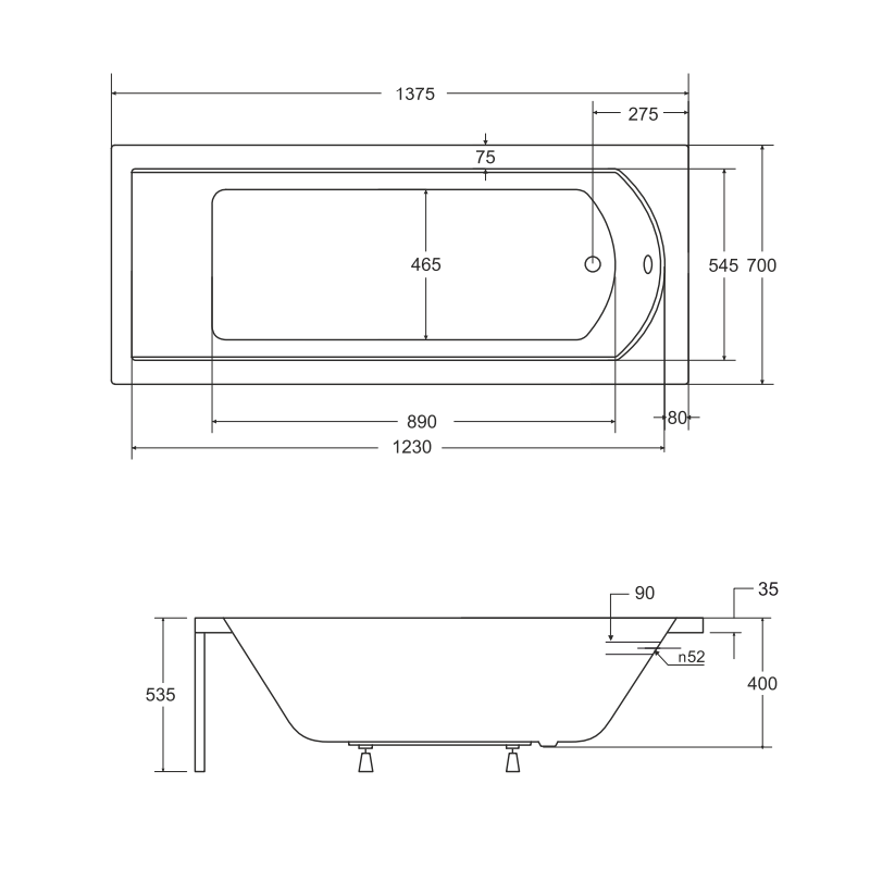 Besco wanna prostokątna Shea 140x70 z białą obudową, syfonem chrom i nóżkami