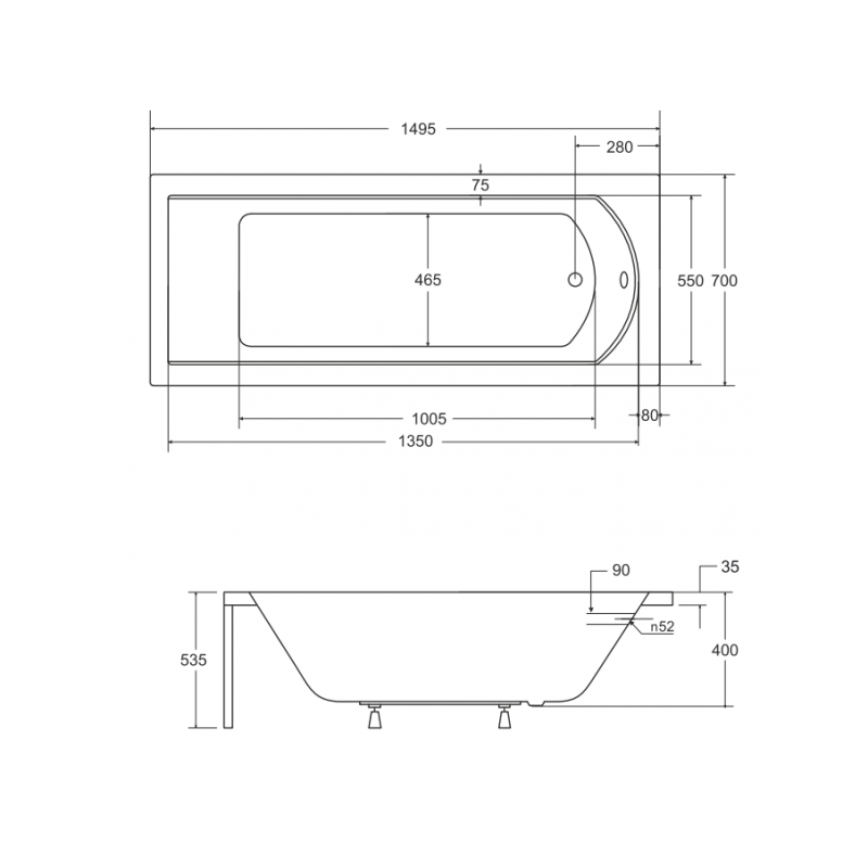 Besco wanna prostokątna Shea 150x70 z białą obudową, syfonem chrom i nóżkami