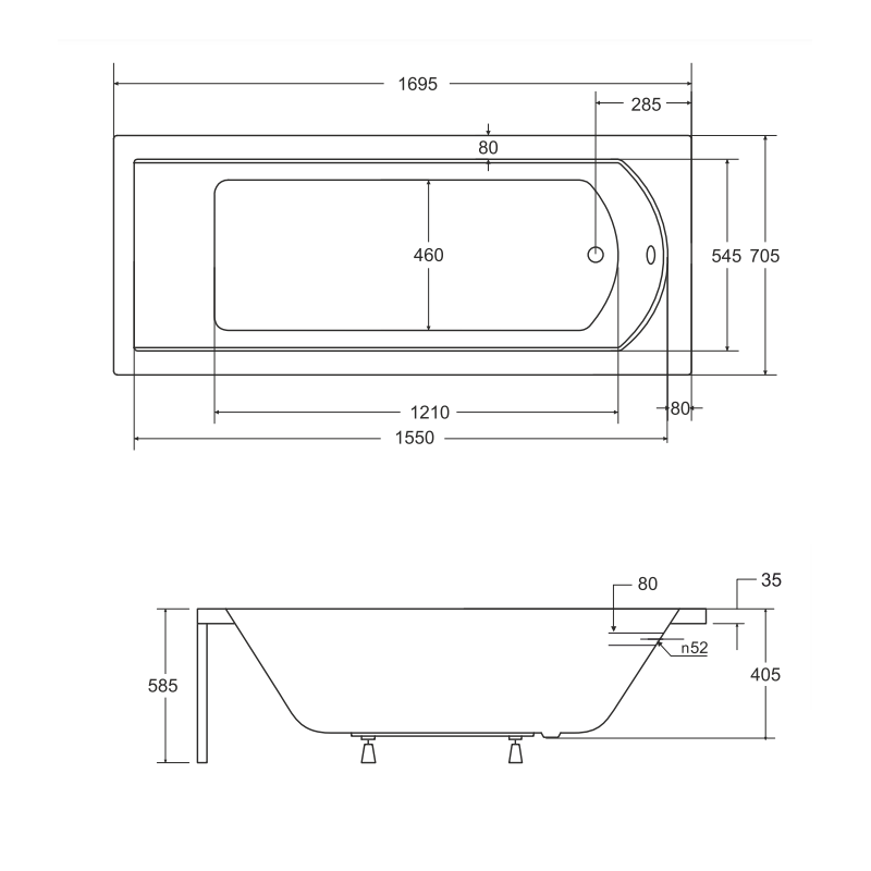 Besco wanna prostokątna Shea 170x70 z białą obudową, syfonem chrom i nóżkami