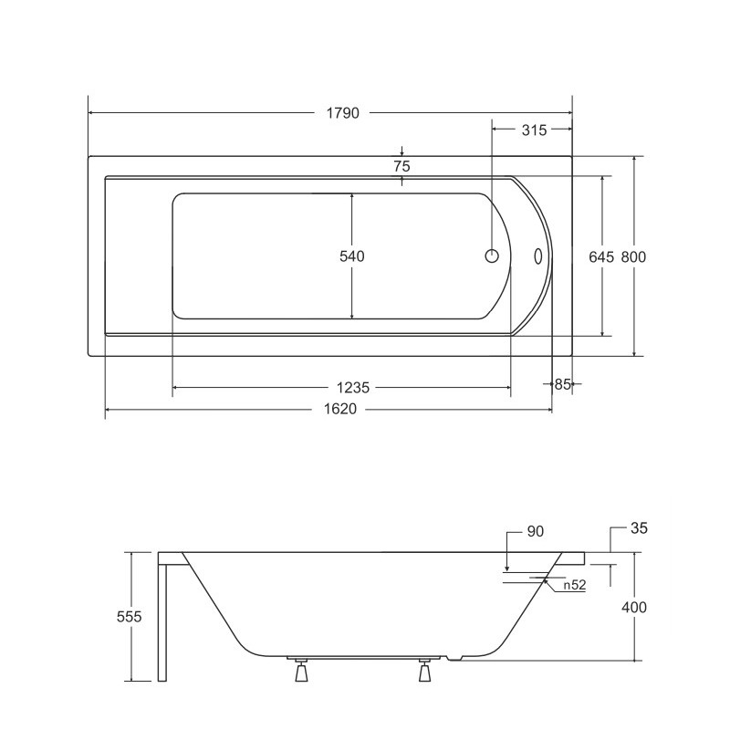 Besco wanna prostokątna Shea 180x80 z białą ryflowaną obudową, syfonem chrom i nóżkami