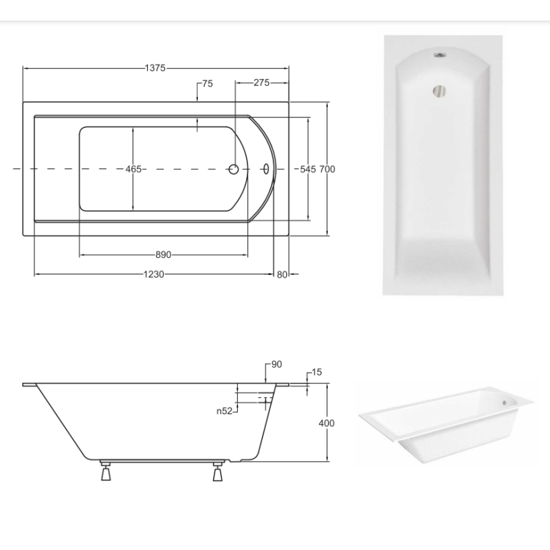 Besco wanna prostokątna Shea Slim 140x70 z syfonem chrom i nóżkami