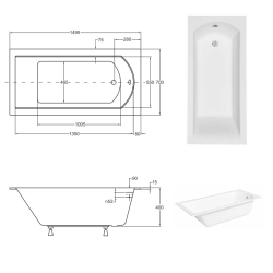 Besco wanna prostokątna Shea Slim 150x70 z syfonem chrom i nóżkami