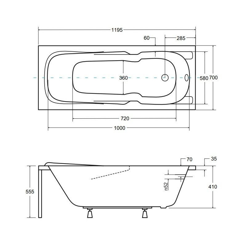 Besco wanna prostokątna Majka Nova 120x70 z czarną obudową, syfonem chrom i nóżkami