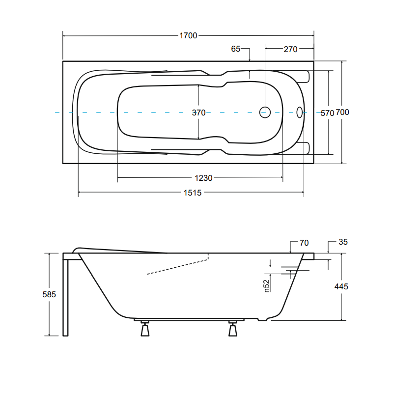 Besco wanna prostokątna Majka Nova 170x70 z czarną ryflowaną obudową, czarnym syfonem i nóżkami