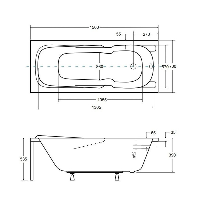 Besco wanna prostokątna Majka Nova 150x70 z syfonem chrom i nóżkami