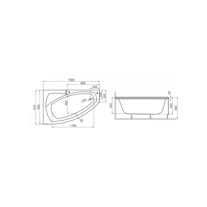 Polimat Wanna asymetryczna Frida prawa 150x90 z białą obudową, syfonem i nóżkami
