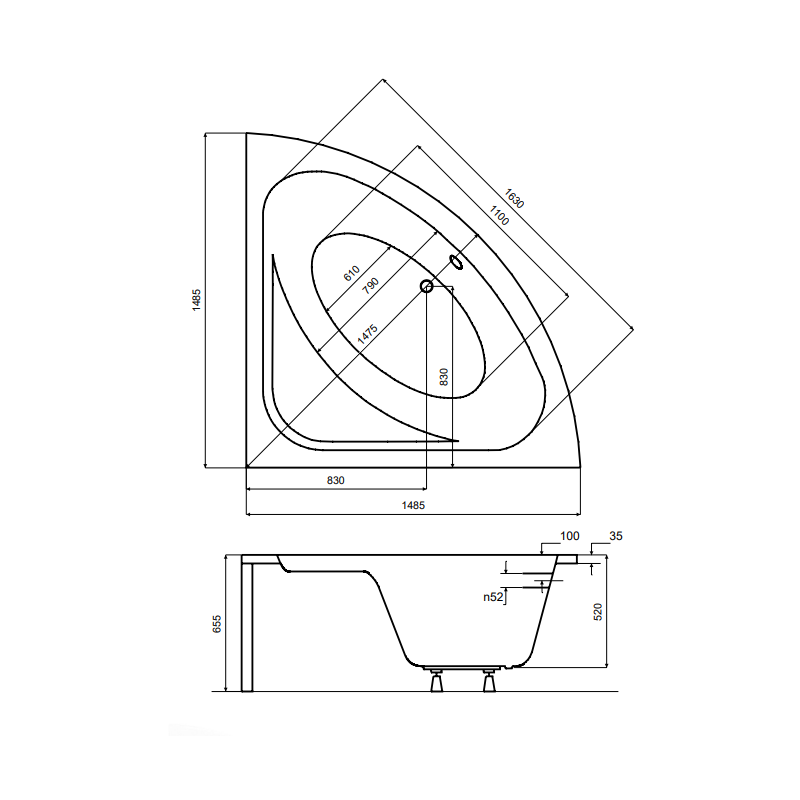 Besco wanna narożna Luksja 148x148 z białą obudową, syfonem chrom i nóżkami