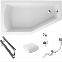 Polimat wanna asymetryczna Selena lewa 150x90 z białą obudową, syfonem, nóżkami i preparatem czyszczącym