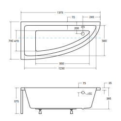 Besco wanna asymetryczna Praktika lewa 140x70 z syfonem chrom i nóżkami