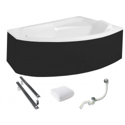 Besco wanna asymetryczna Rima prawa 130x85 z czarną obudową, syfonem chrom i nóżkami