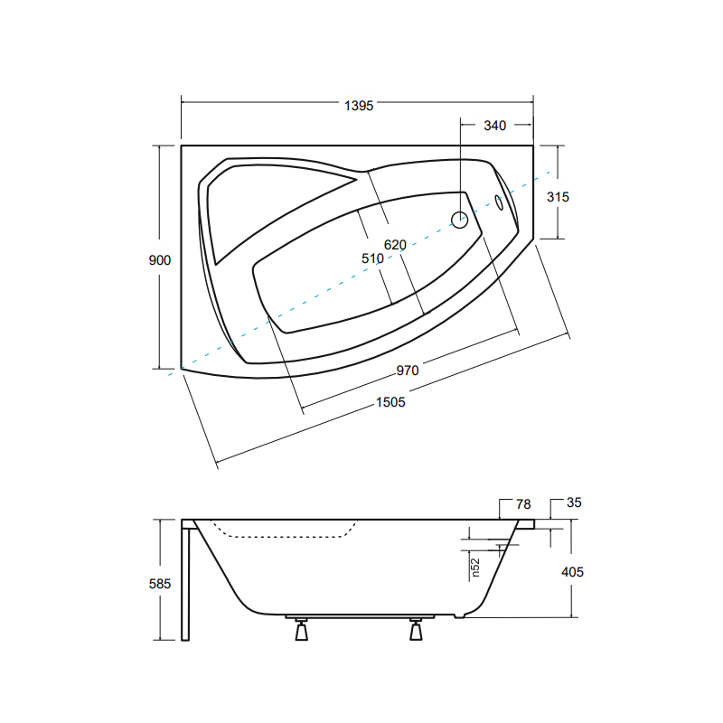Besco wanna asymetryczna Rima lewa 140x90 z syfonem chrom i nóżkami