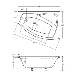 Besco wanna asymetryczna Rima prawa 140x90 z syfonem chrom i nóżkami