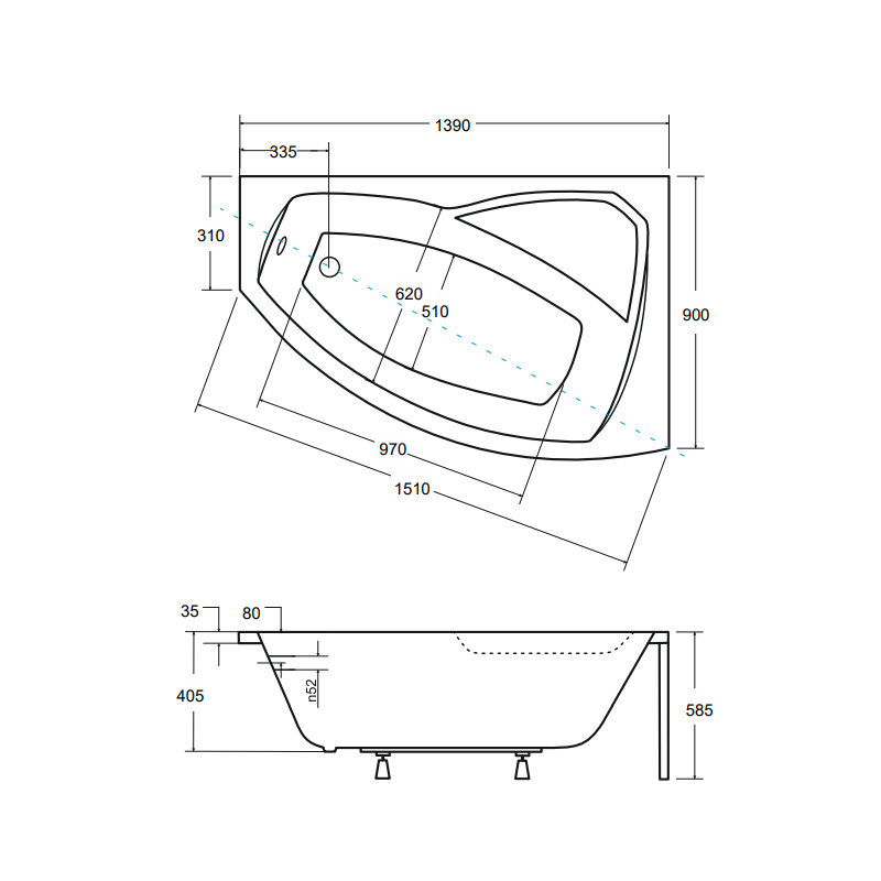 Besco wanna asymetryczna Rima prawa 140x90 z syfonem chrom i nóżkami