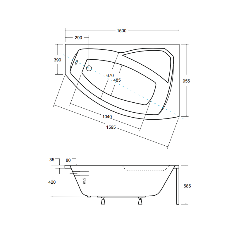 Besco wanna asymetryczna Rima prawa 150x95 z czarną obudową, syfonem i nóżkami