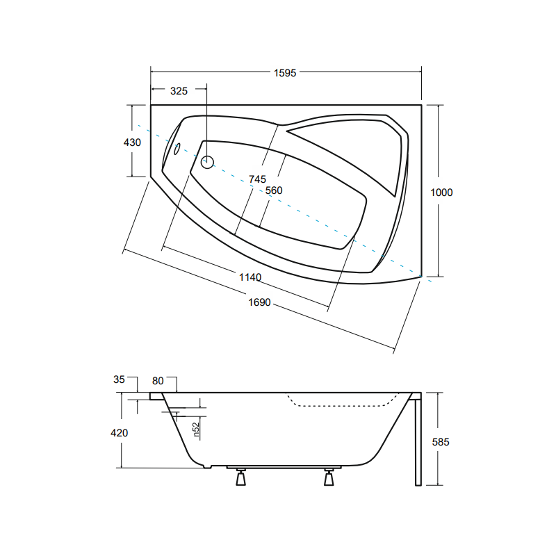 Besco wanna asymetryczna Rima prawa 160x100 z czarną obudową, syfonem chrom i nóżkami