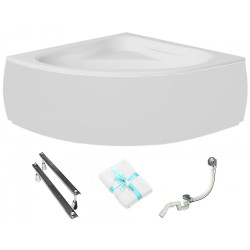 Besco wanna narożna Mia 140x140 z białą obudową, syfonem chrom i nóżkami