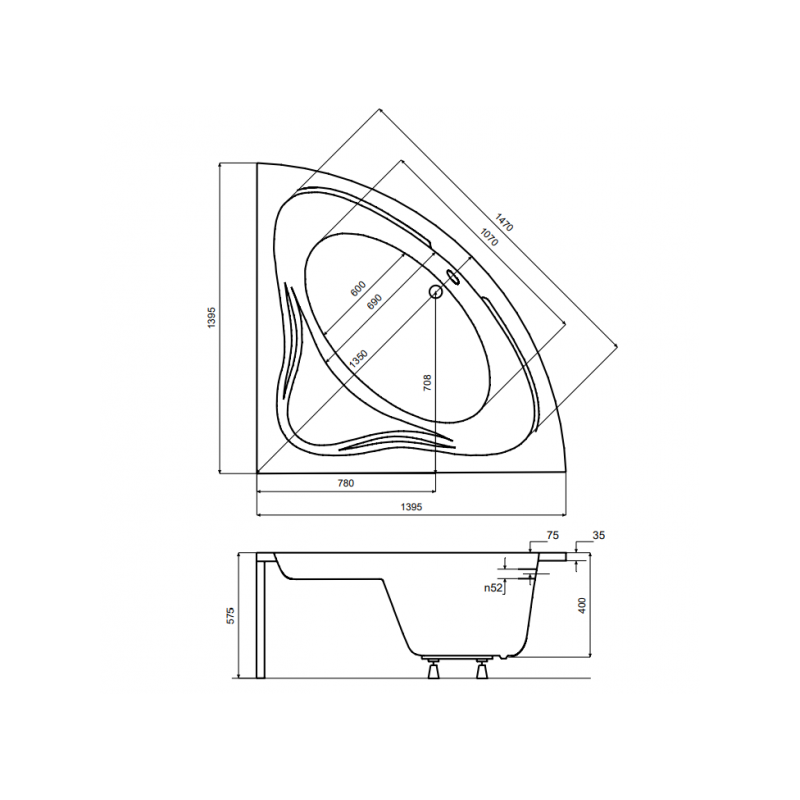 Besco wanna narożna Mia 140x140 z białą obudową, syfonem chrom i nóżkami