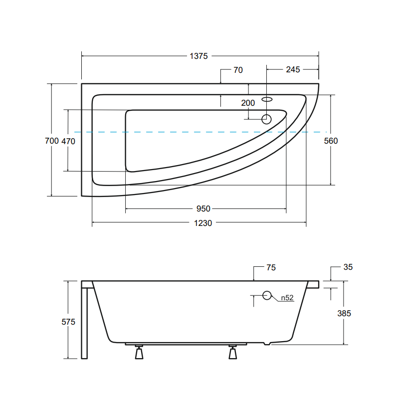 Besco wanna asymetryczna Praktika lewa 140x70 z białą obudową, syfonem i nóżkami