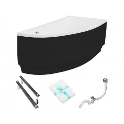 Besco wanna asymetryczna Praktika prawa 140x70 z czarną obudową, syfonem chrom i nóżkami