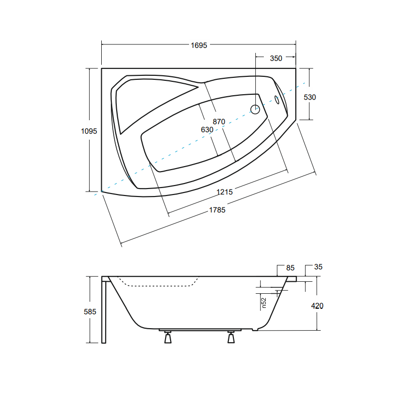 Besco wanna asymetryczna Rima lewa 170x110 z  obudową, syfonem chrom i nóżkami