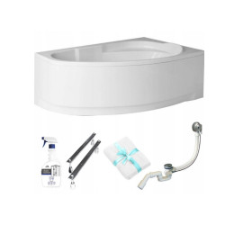 Polimat wanna asymetryczna Marea prawa 160x100 z białą obudowa, syfonem, nóżkami i preparatem czyszczącym