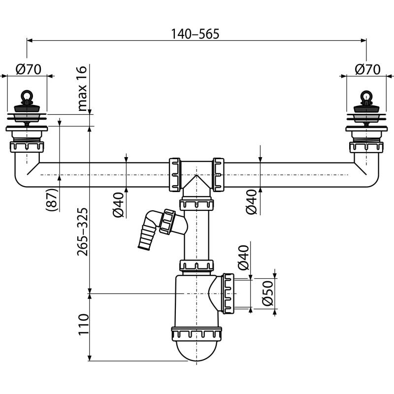 Syfon zlewu dwukomorowego z przyłšczem, sitka nierdzewne DN70