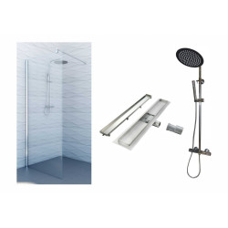 Kompletny Zestaw Prysznicowy DUSO 85: Ścianka, Odpływ Linie 50 cm, Deszczownica EMI