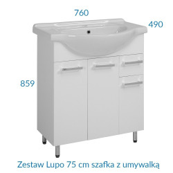 Astor Lupo szafka z umywalką łazienkowa 75 cm biała stojąca zestaw połysk biała