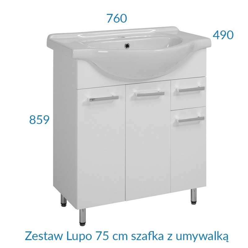 Astor Lupo szafka z umywalką łazienkowa 75 cm biała stojąca zestaw połysk biała