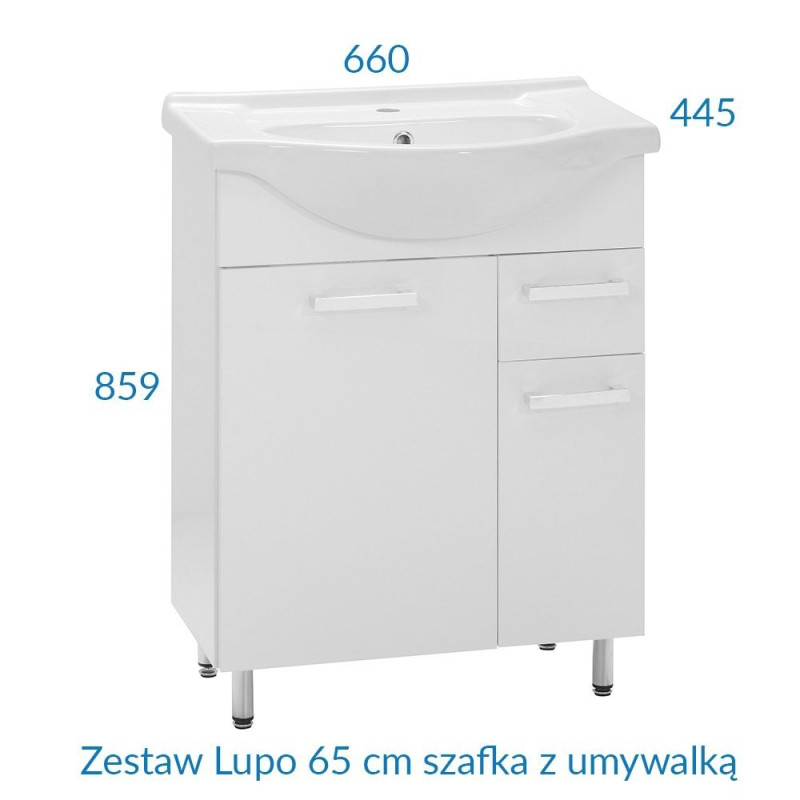 Astor Lupo szafka z umywalką łazienkowa 65 cm biała stojąca zestaw połysk biała