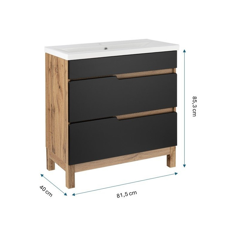 Astor Zestaw ALMA Szafka z Umywalką 80 cm, Czarny Wotan, 2 Szuflady