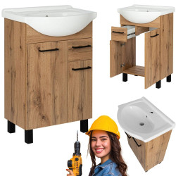 Astor Zestaw szafka z umywalką LUPO WOTAN 55 cm drzwiczki szuflada, czarne nóżki