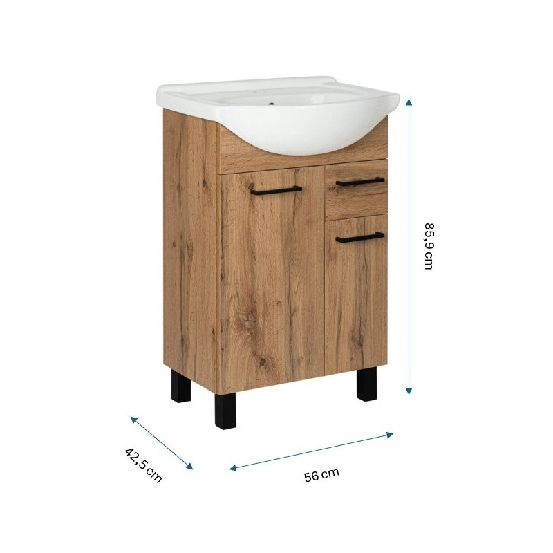Astor Zestaw szafka z umywalką LUPO WOTAN 55 cm drzwiczki szuflada, czarne nóżki