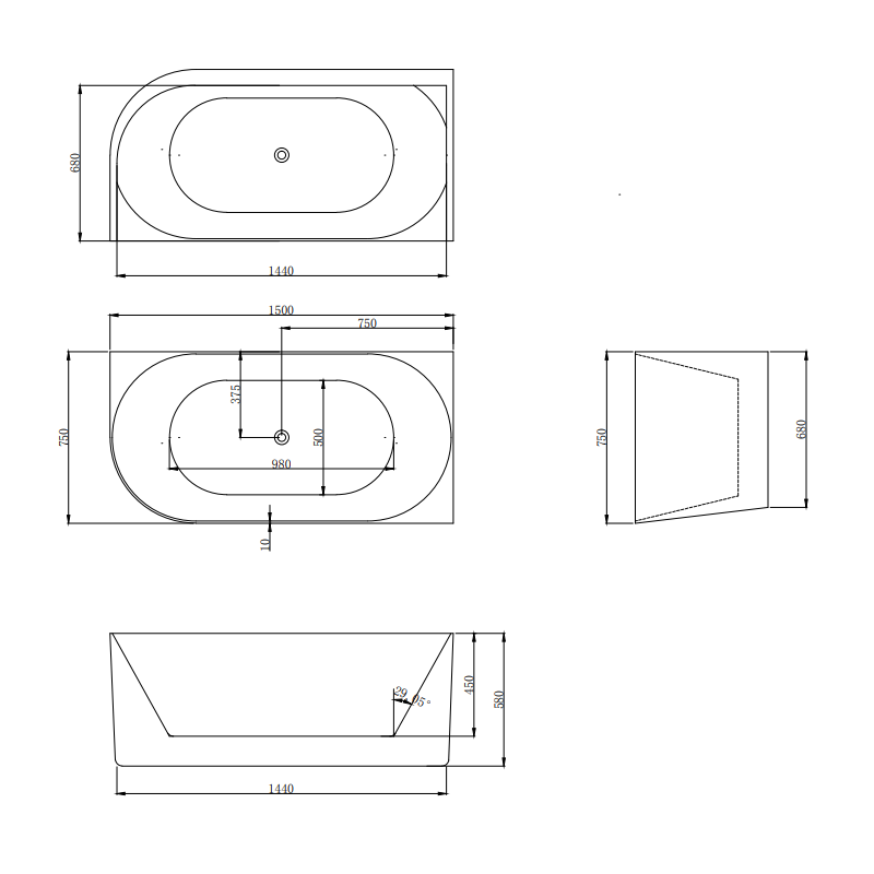 Wanna przyścienna narożna prawa LUMIO 150X75 biała z białym korkiem