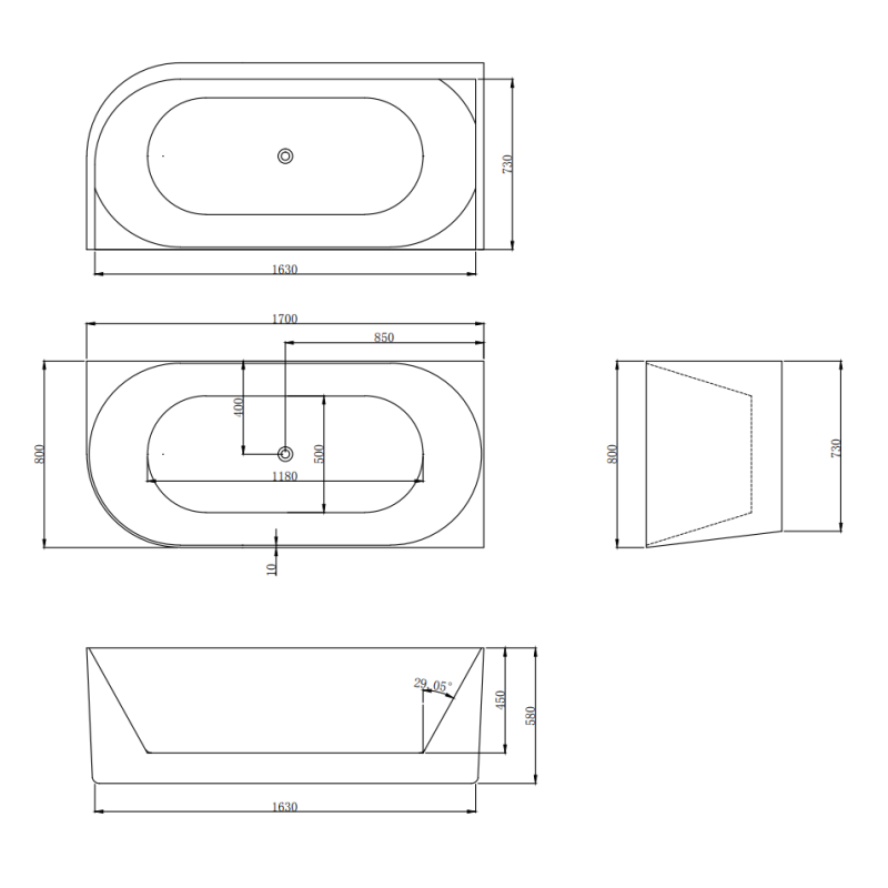 Wanna przyścienna narożna prawa LUMIO 170X80 biała z białym korkiem