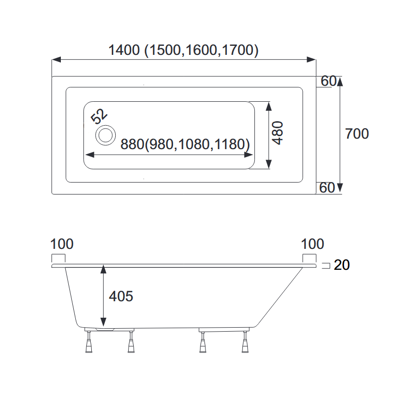 AQUA for you wanna akrylowa czarna Kronos slim 150x70 z syfonem i nóżkami