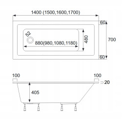 AQUA for you Wanna prostokątna KRONOS SLIM 140x70 czarny mat + syfon nogi 4w1