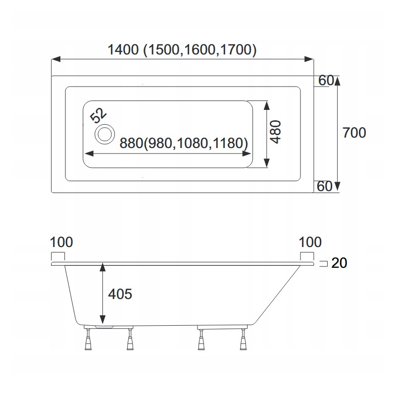 AQUA for you Wanna prostokątna KRONOS SLIM 140x70 czarny mat + syfon nogi 4w1