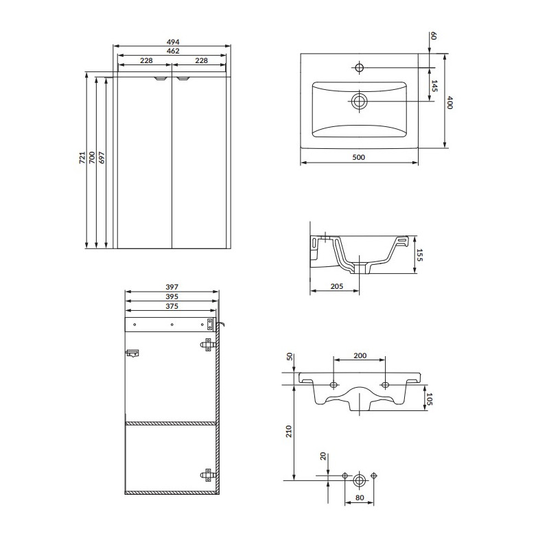 Zestaw szafka wisząca łazienkowa z umywalką Cersanit OVIDA 50 biała