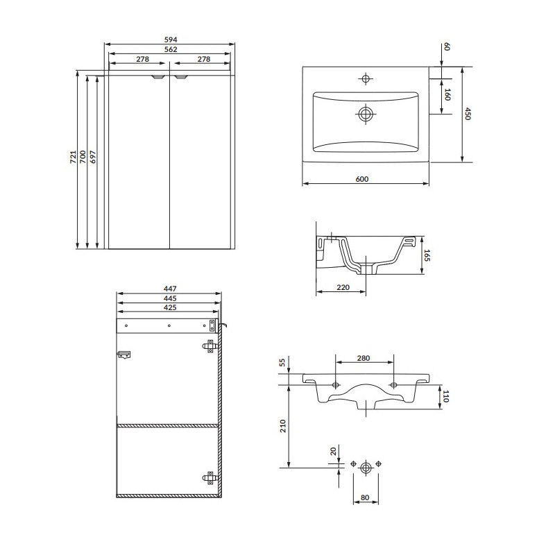 Zestaw szafka wisząca łazienkowa z umywalką Cersanit OVIDA 60 biała