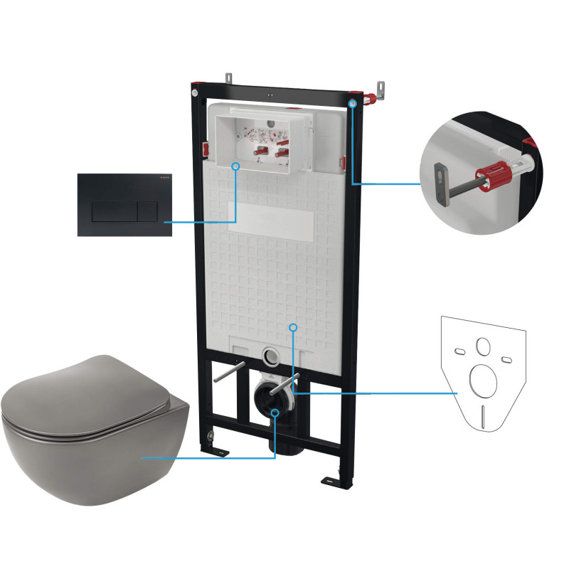 Innowacyjny Zestaw WC Podtynkowy 6w1 z Antracytową Miską i Nero Przyciskami – Cicha Elegancja